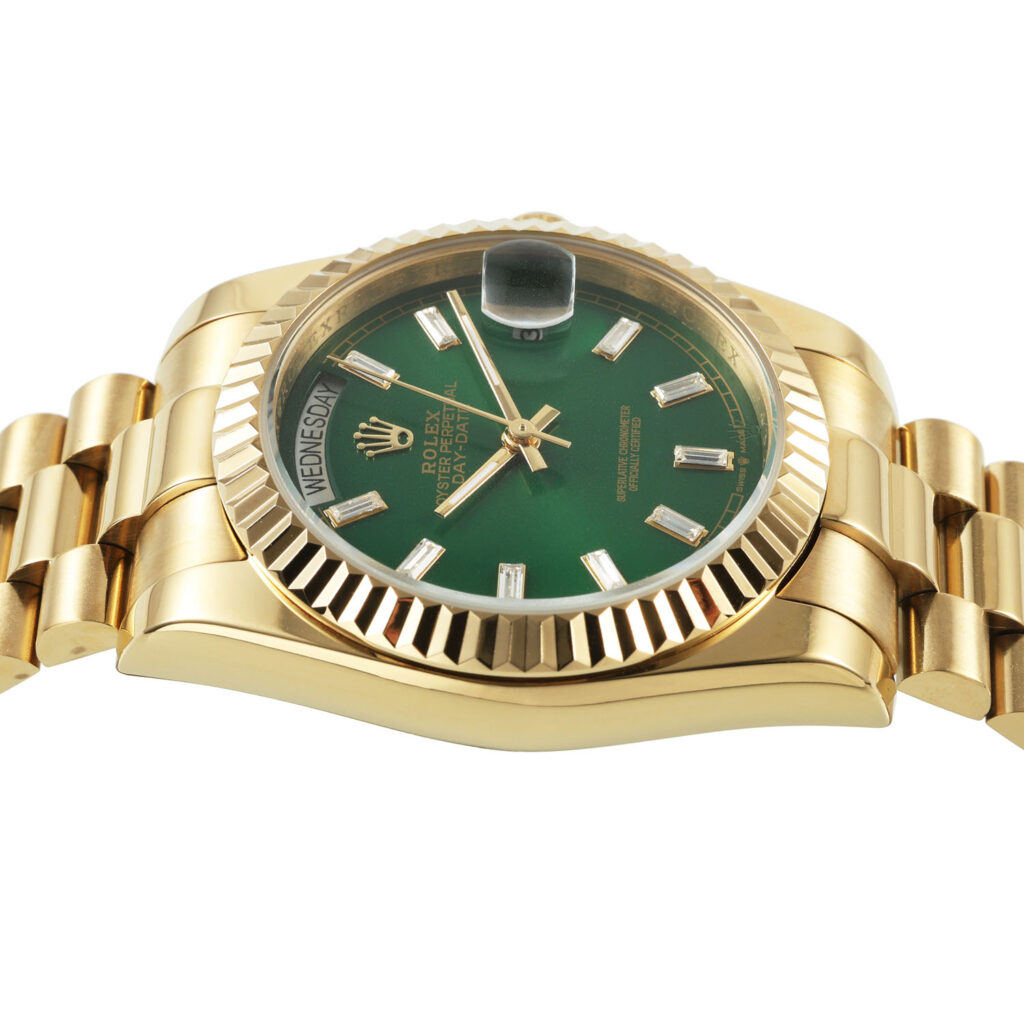 Replica Rolex DayDate 36mm 18k gelbgold grünes Zifferblatt